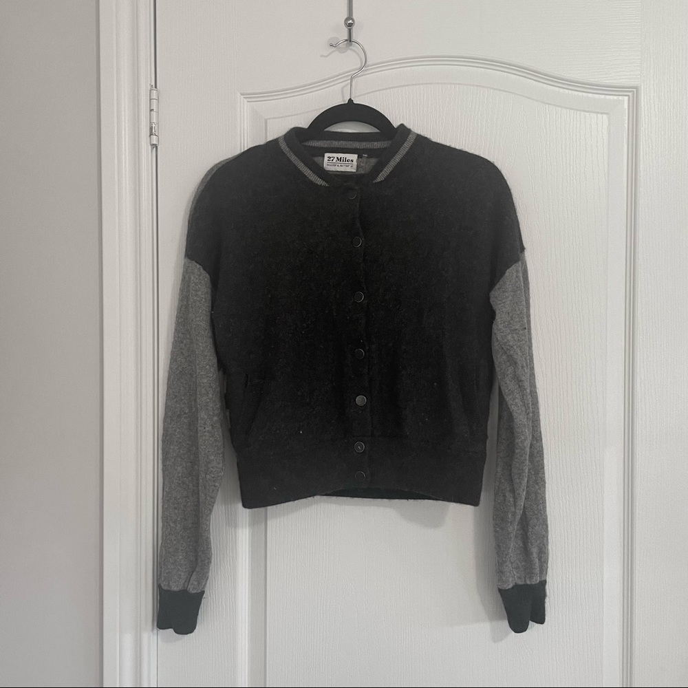 72 Miles boutique varsity-style 100% natural wool with cashmere cardigan